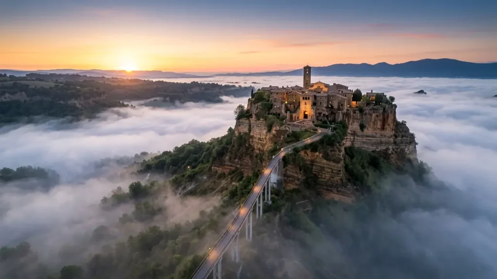 Vista panorâmica do vilarejo de Civita di Bagnoregio, na Itália, isolado no topo de uma colina e cercado por um mar de névoa branca durante o nascer do sol.