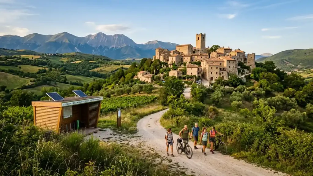 Paisagem italiana com vilas históricas, natureza preservada e turistas em destinos alternativos - turismo sustentável na Itália