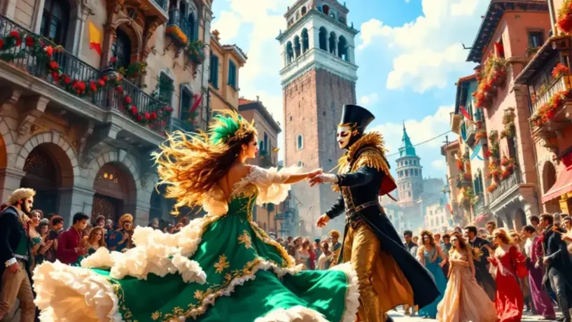 Máscara tradicional do Carnaval na Itália representando a história e os costumes das festividades venezianas, com traje de época e adornos luxuosos.