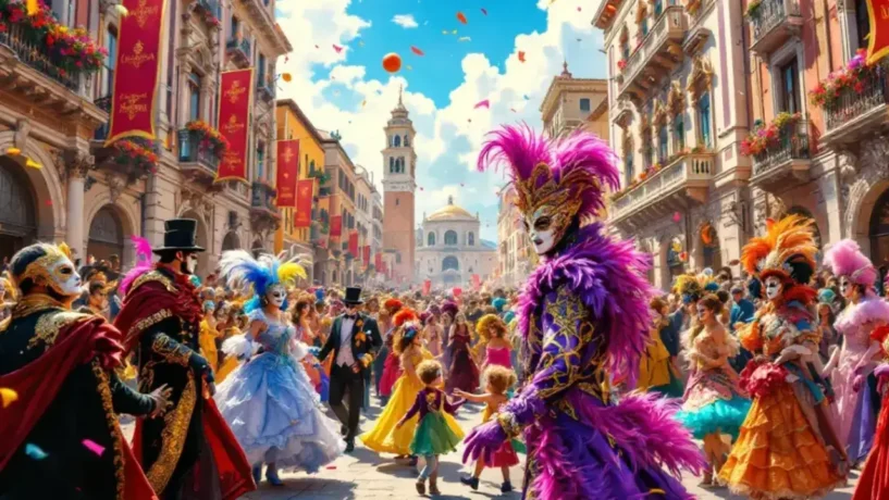 Participantes com trajes elegantes e máscaras em desfile de Carnaval na Itália ao ar livre em praça com arquitetura clássica.
