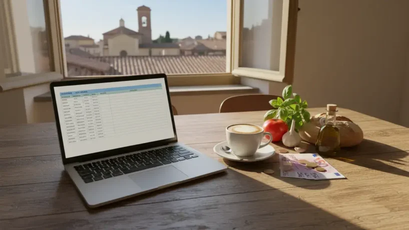 Custo de vida na Itália em 2026: orçamento mensal em euro sobre a mesa de um apartamento italiano, com vista para os telhados de Roma