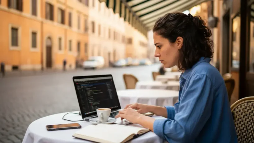 Trabalhador autônomo italiano em regime partita IVA trabalhando no laptop em um café de Roma