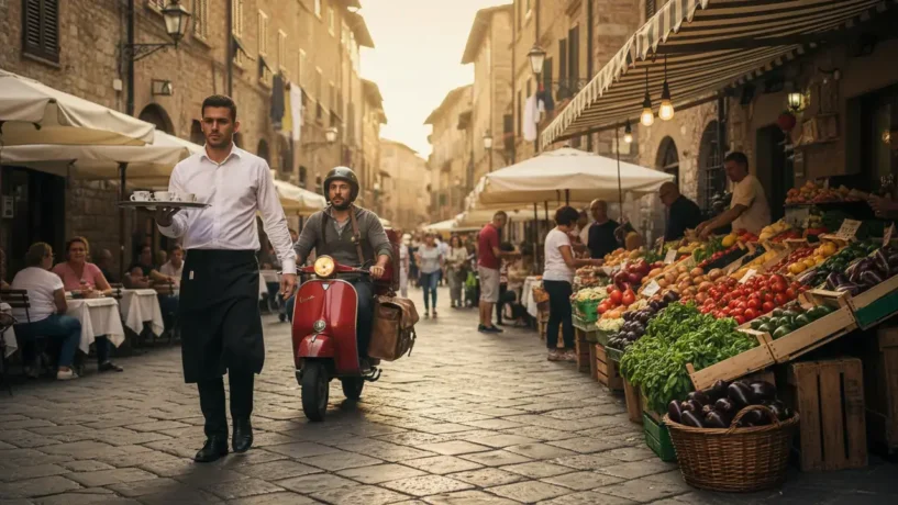 Trabalhadores italianos em atividade: garçom, entregador e feira de produtos frescos em uma rua histórica da Itália