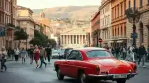 Carro clássico vermelho na rua de Roma, com turistas e monumentos históricos ao fundo.