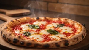 Pizza napolitana original saindo do forno a lenha, com cornicione alto e manchas escuras