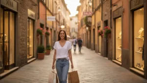 Mulher sorrindo com sacolas de compras em rua italiana ao entardecer — como comprar roupas baratas na Itália