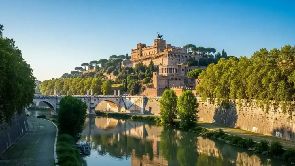 Vista artística do Monte Palatino e do rio Tibre, cenário associado à lenda de Rômulo e Remo e considerado o local tradicional da fundação de Roma.