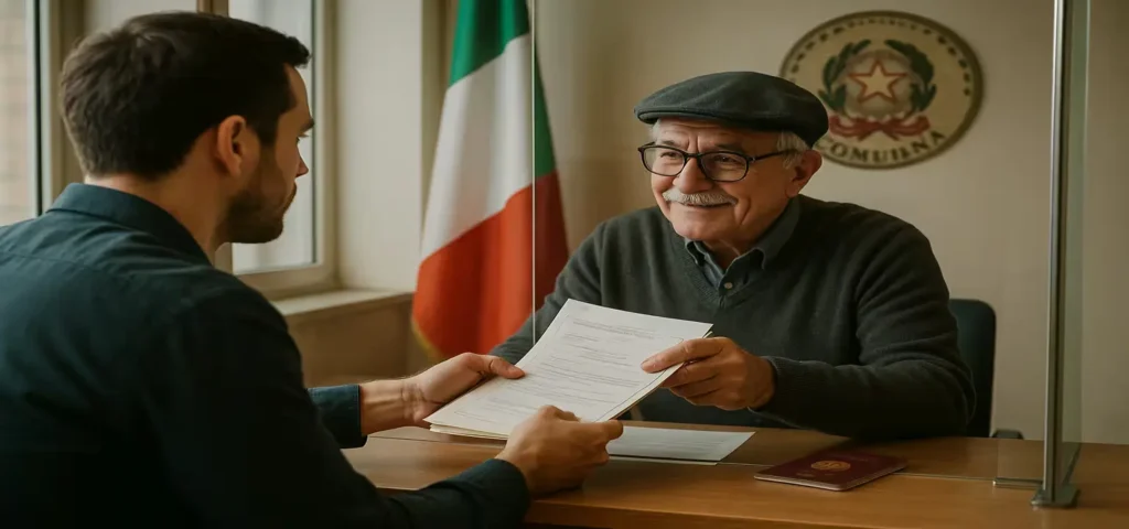 Pessoa entregando documentos no consulado italiano, simbolizando processo de reconhecimento de cidadania italiana em 2025.