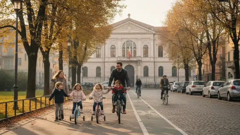 Família com crianças em parque, escola próxima e ciclovia em cidade italiana com boa qualidade de vida.