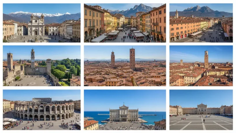 Mosaico de fotos mostrando alguns pontos turísticos e paisagens urbanas das cidades italianas com melhor qualidade de vida.