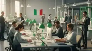 Ambiente de escritório com profissionais usando computadores e iluminação eficiente.