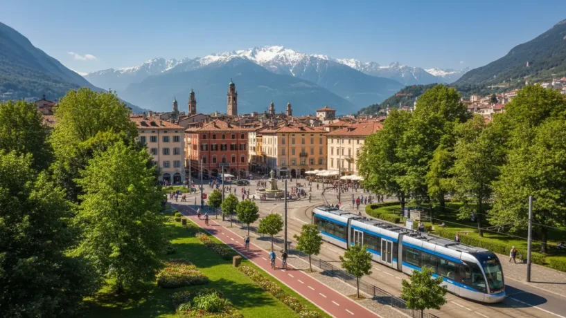 Qualidade de vida na Itália: panorama urbano com áreas verdes e transporte público em cidade italiana.