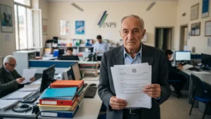 Homem idoso em um escritório do INPS, segurando documentos oficiais e analisando questões sobre aposentadoria na Itália, em um ambiente profissional com mesas, computadores e pastas ao fundo.