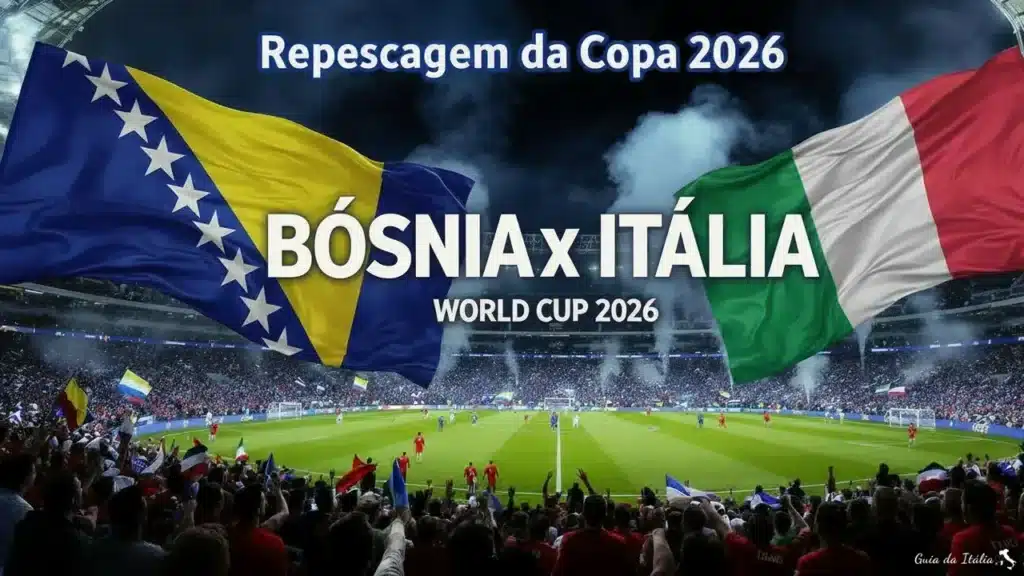 Imagem do estádio com as bandeiras da Bósnia x Itália pela repescagem da Copa do Mundo 2026