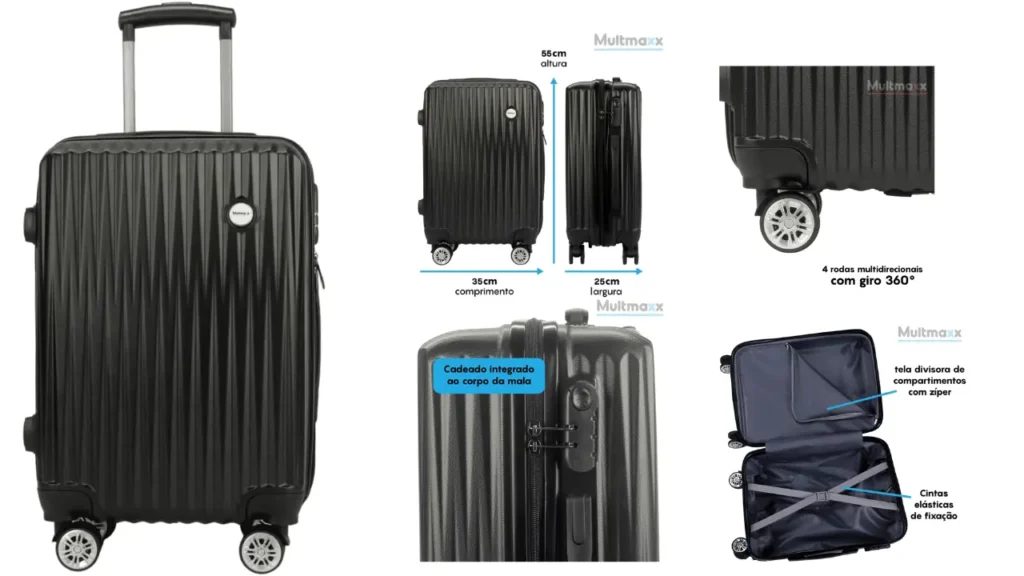 Mala de Viagem 10Kg em ABS Rodinhas 360º Cadeado Integrado Multmaxx (preta)