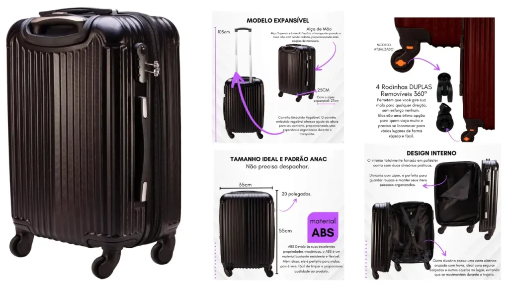 Mala de Viagem de Bordo ABS 10kg Expansiva ANAC 360 Graus com Senha.