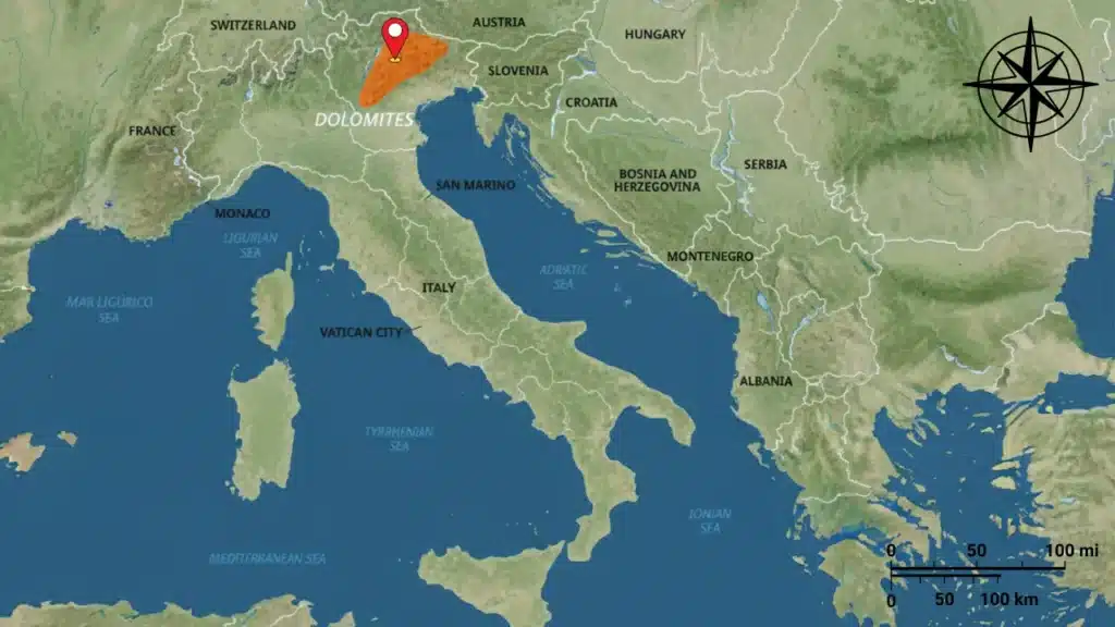 Mapa da Itália mostrando a localição das Dolomitas