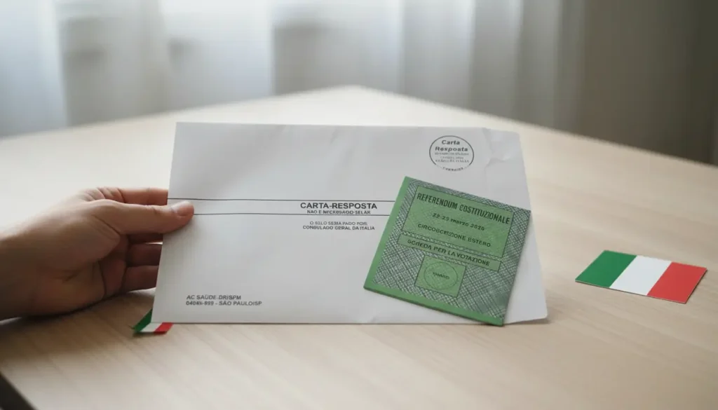 Envelope oficial do voto por correspondência do Referendo Nordio 2026, com cédula e instruções para envio ao consulado por eleitores italianos no exterior.