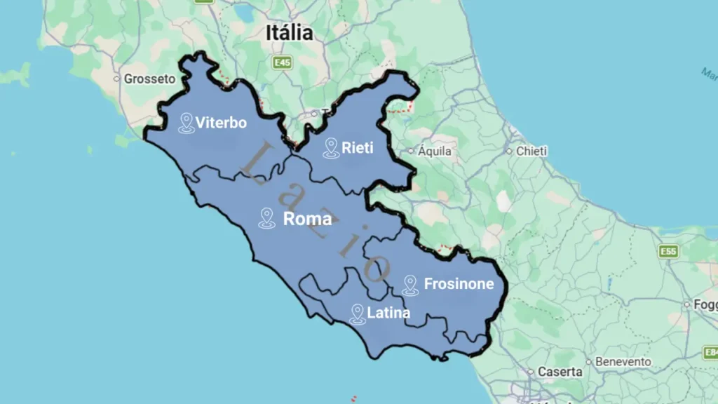 Mapa da Região de Lazio com suas cinco Províncias
