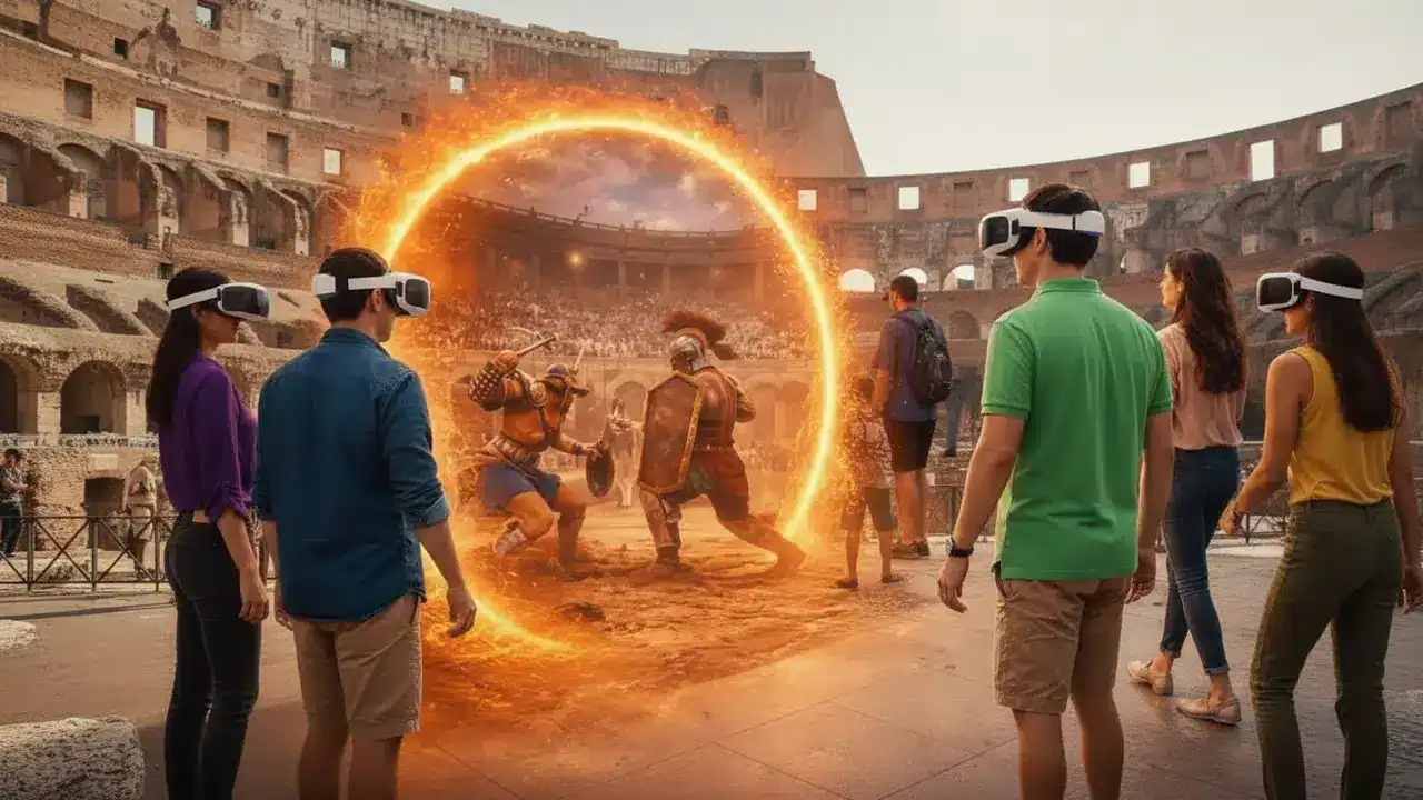 Experiência imersiva do Coliseu com realidade virtual transporta visitantes à Roma Antiga.