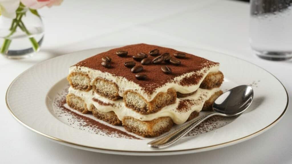 História do Tiramisu - Tiramisu quadrado clássico italiano: creme mascarpone, biscoitos e cacau em pó, ambiente moderno.