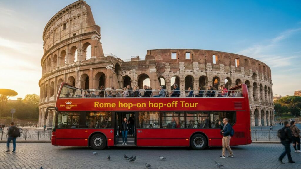 Ônibus Hop-on Hop-off vermelho em frente ao Coliseu em Roma com turistas embarcando