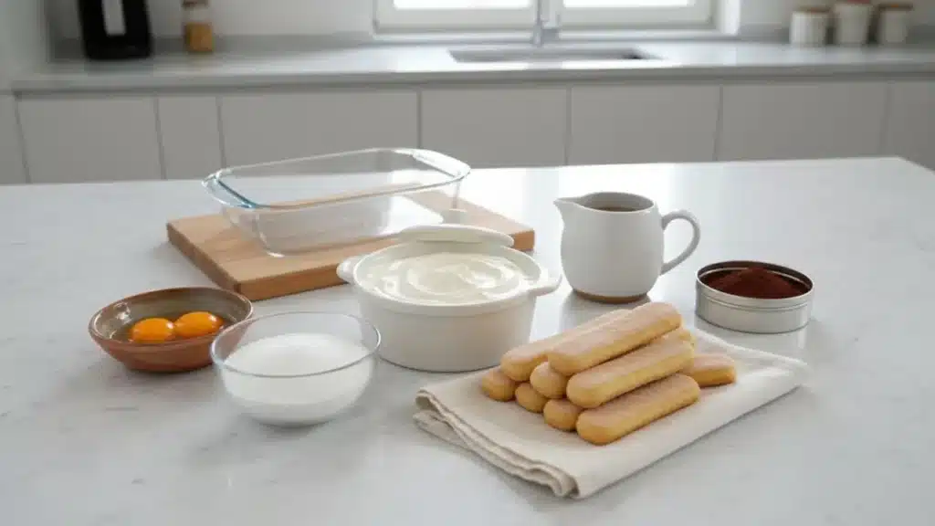 Ingredientes necessários para fazer Tiramisu em casa. Mascarpone, ovos, açucar, biscoito savoiardi, café e cacau.