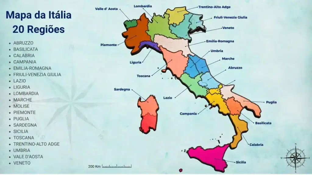 Mapa da Itália mostrando a divisão das 20 regiões administrativas, desde os Alpes no norte até as ilhas da Sicília e Sardenha no sul.