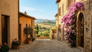 Ruela medieval italiana ensolarada com flores rosas e vista panorâmica para as colinas da Toscana, imagem de capa para o guia de vilarejos italianos intocados.