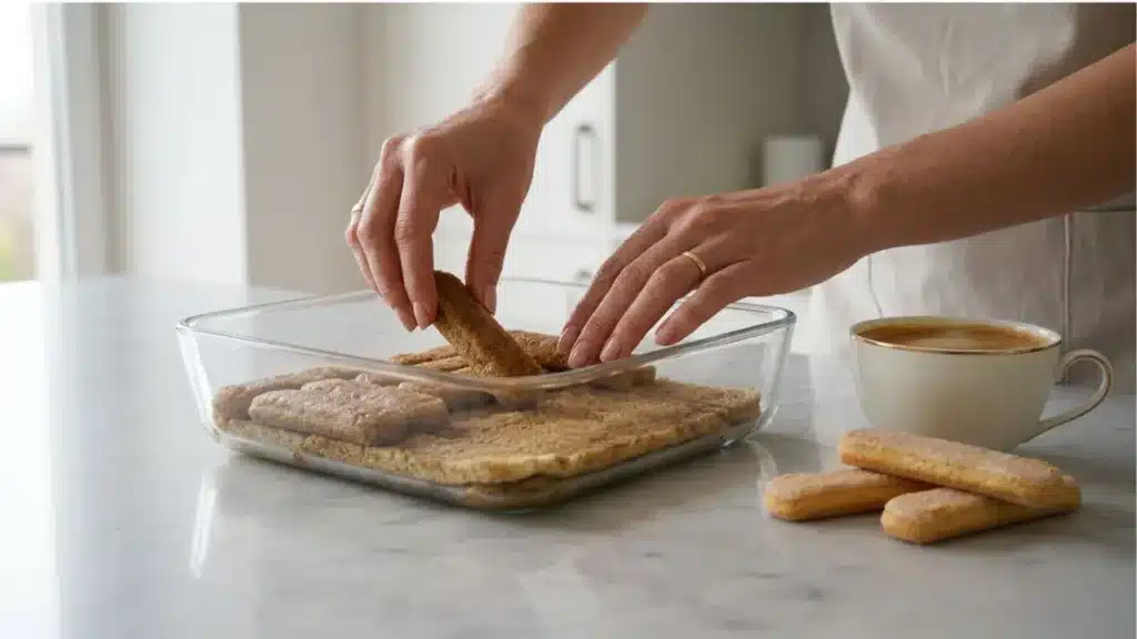 Pessoa montando o tiramisu mostrando as camadas