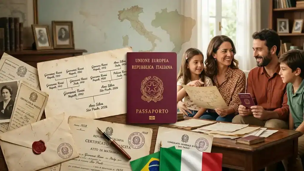 Infográfico e foto sobre as Mudanças na Cidadania Italiana 2026 mostrando documentos, passaporte italiano e impactos da Reforma Tajani