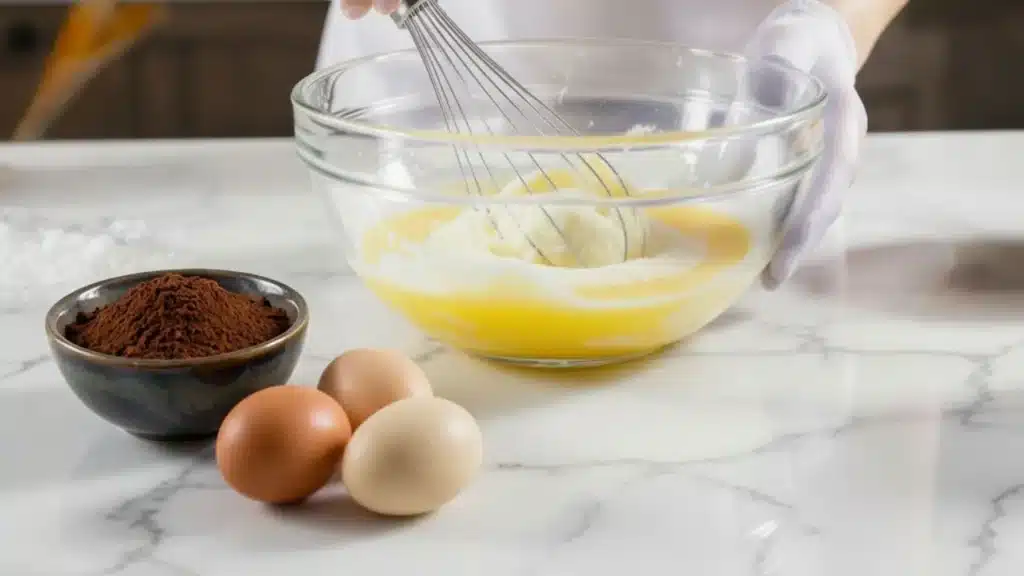 Pessoa misturando gemas de ovos com açucar, iniciando a preparação do Tiramisu em casa