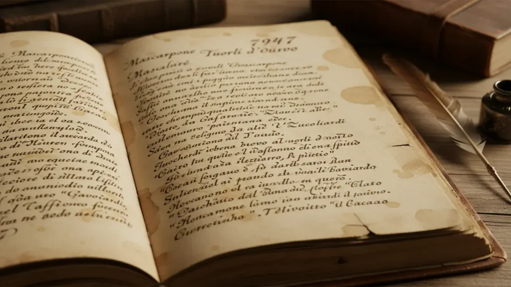 Imagem de um livro de cartório representando o registro do tiramisu na Itália. - imagem ilustrativa