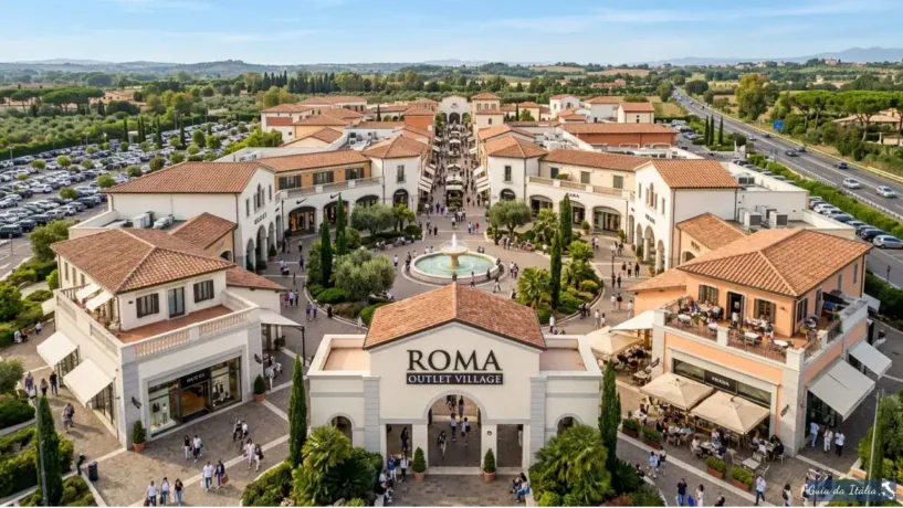 Centro de compras Roma Outlet Village com lojas de marcas renomadas e área de lazer ao ar livre.