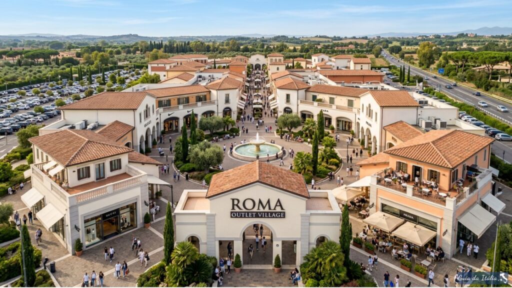Imagem aérea do Roma Outlet Village mostrando a fachada principal com signage "ROMA OUTLET VILLAGE", plaza central com fonte, lojas premium, pessoas shopping, arquitetura mediterrânea com telhados de terracota, fachadas brancas, áreas verdes e estacionamento amplo. Perspectiva frontal, iluminação natural de tarde ensolarada. Imagem ilustrativa