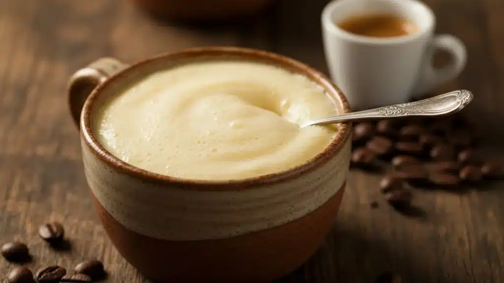 Sbatudin tradicional italiano servido em uma xícara rústica, mostrando o creme espesso e amarelo claro feito de gemas batidas com açúcar, com grãos de café ao fundo.