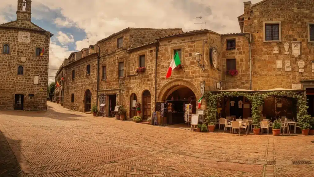 Rua histórica do vilarejo de Sovana, na Toscana, construída em pedra de tufo, com uma bandeira da Itália na janela e iluminação de fim de tarde.