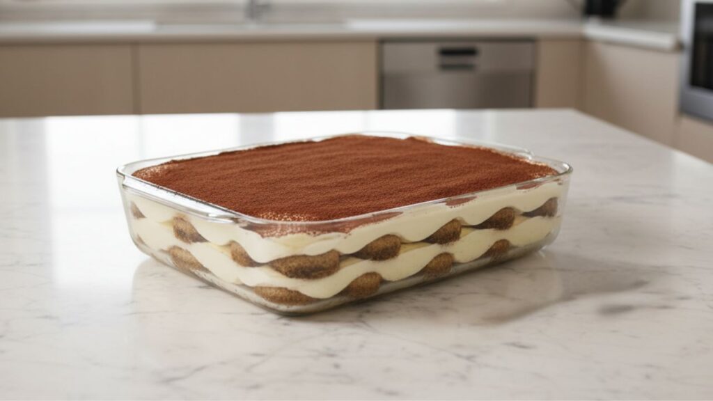 Bela tijela de Tiramisu deito em casa sobre a mesa de mármore em uma bela cozinha italiana.