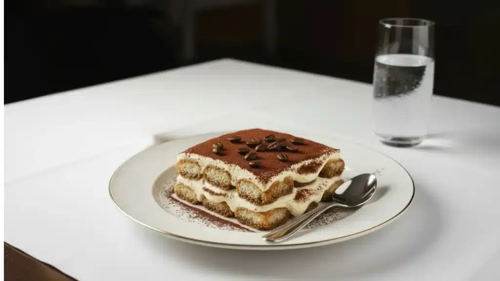 Imagem de uma bela porção de Tiramisu feito em casa com aproximadamente 150 gramas.