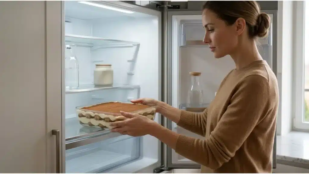 Mulher colocando o Tiramisu na geladeira finalizando o processo.
