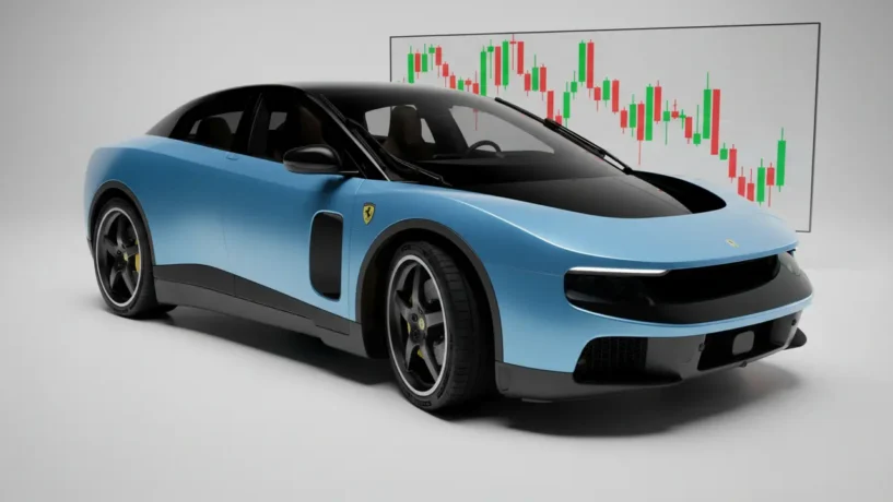 Imagem da nova Ferrari Luce e gráfico de ações em queda.