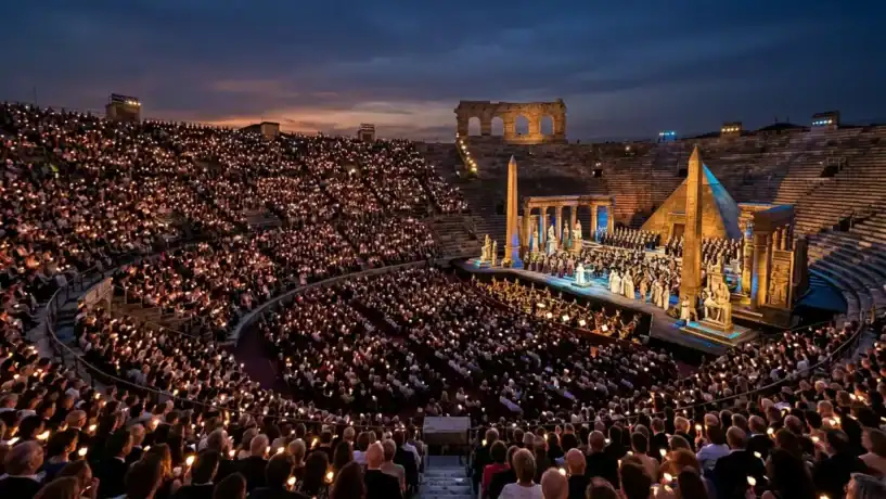 Panorama do 103° Festival de Ópera em Verona 2026 com público e velas acesas na Arena di Verona.