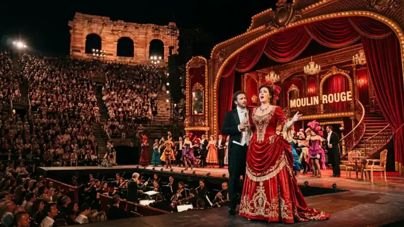 Atriz interpretando Violetta na ópera La Traviata durante o Festival de Ópera em Verona 2026.