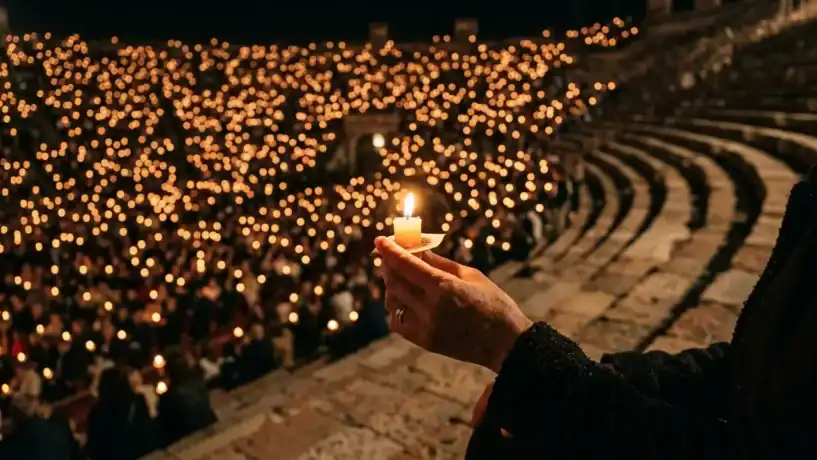 Milhares de velas acesas pelo público antes do início do espetáculo no Festival de Ópera em Verona.