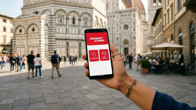 Smartphone exibindo o aplicativo da Assist Card com opções de telemedicina e suporte 24h para viajantes que contrataram seguro viagem na Itália.