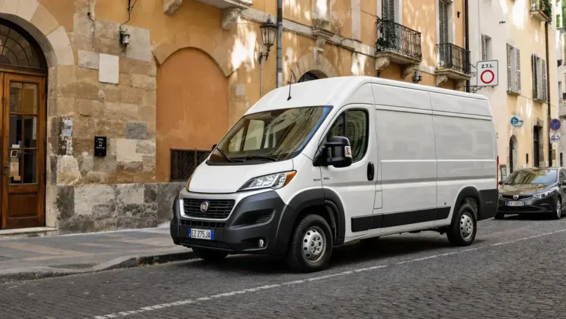 Furgão branco para entregas em rua de pedra na Itália com prédio histórico ao fundo, ilustrando o bonus furgoni na Itália do decreto automotive 2026