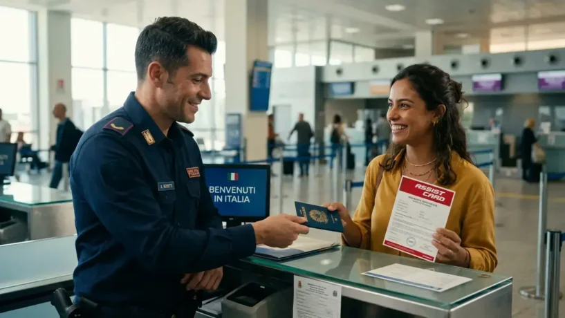 Oficial de imigração em aeroporto italiano verificando a documentação de um turista brasileiro que possui o seguro viagem na Itália obrigatório.