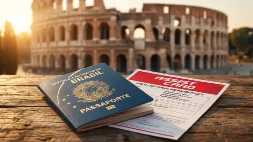 Novo passaporte brasileiro modelo 2026 e apólice da Assist Card sobre mesa de madeira com o Coliseu ao fundo, representando o seguro viagem na Itália obrigatório.