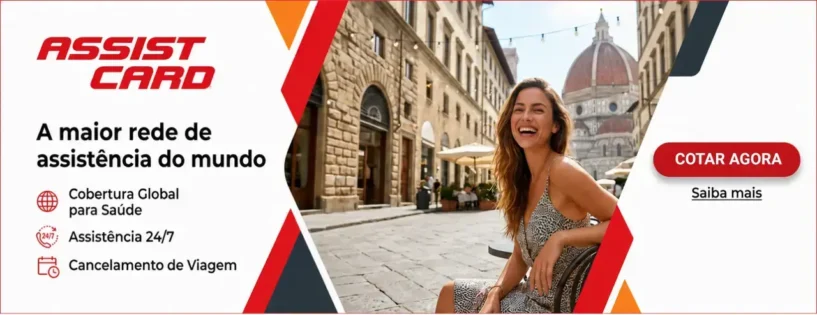 Banner publicitário retangular da Assist Card para o artigo sobre seguro viagem na Itália, com o slogan "A maior rede de assistência do mundo" e botão de cotar agora.