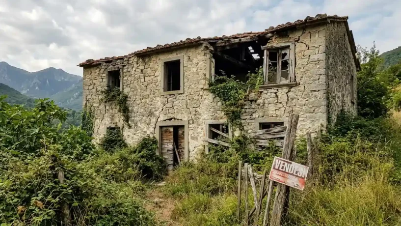 Compra de Casa na Itália - Casa histórica abandonada na Toscana com paredes deterioradas, representando o pesadelo de brasileiros que compraram imóveis pela Sonho.it.